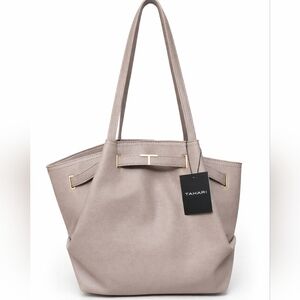 New Tahari Pebbled Tote Bag Taupe Neutral Shoulder Handbag Gold Hardware
